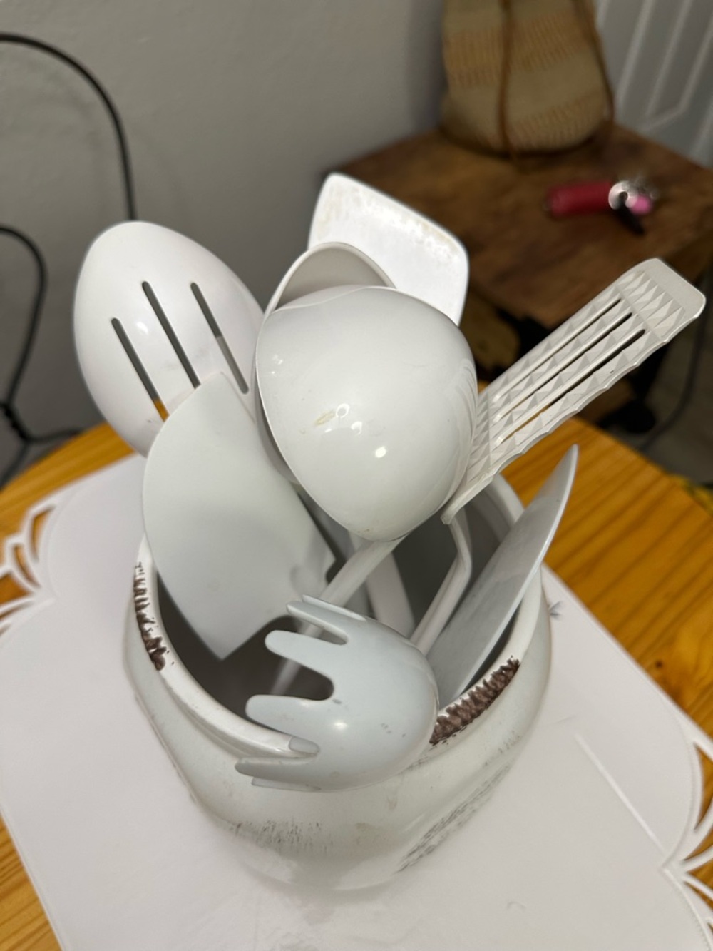 White Distressed Mason Jar Utensil Holder with Utensils - Picture 2 of 9